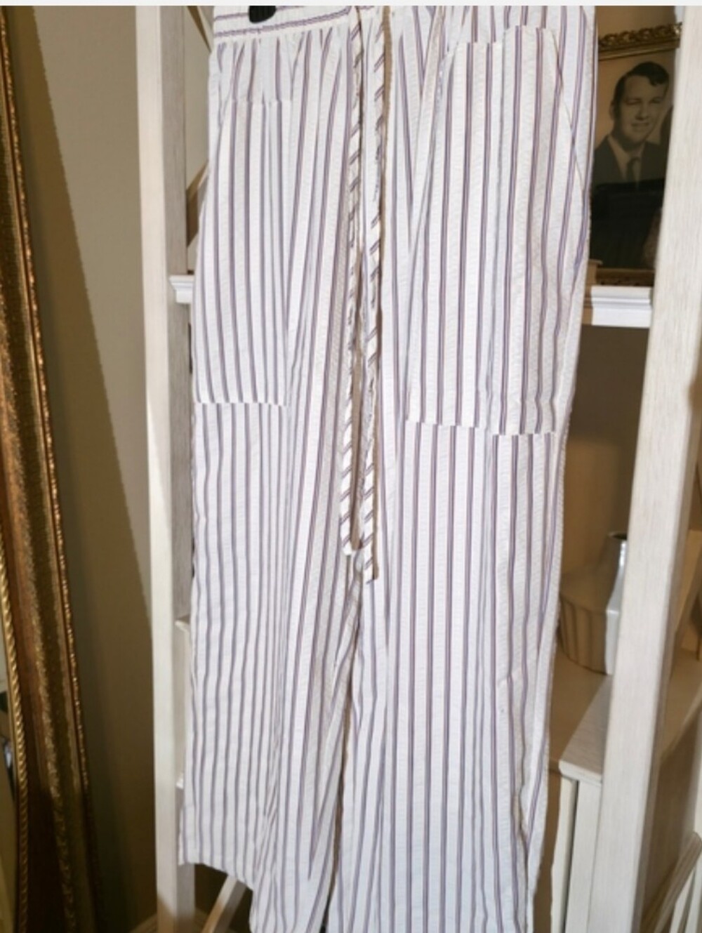 SHEIN Cream Wide-Leg Striped Drawstring Pants NWOT Size-OXL